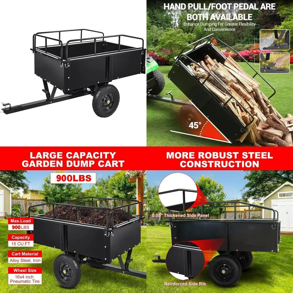 مقطورة المرافق لجزازات العشب: عربة تفريغ فولاذية بسعة 900 رطل مع أرضية وزراعية مكعبة بطول 15 قدمًا