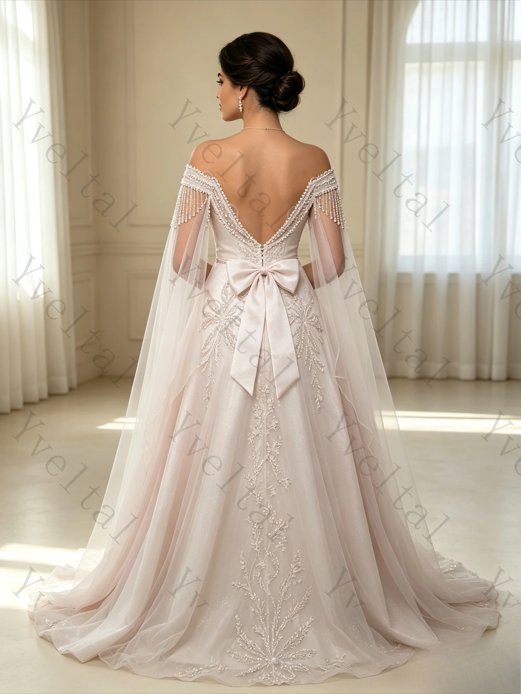 Customized Women Off-Shoulder Pearl White Wedding Dress Draped Lace Sweep Train Bridal Gown with Removable Shawl for Wedding