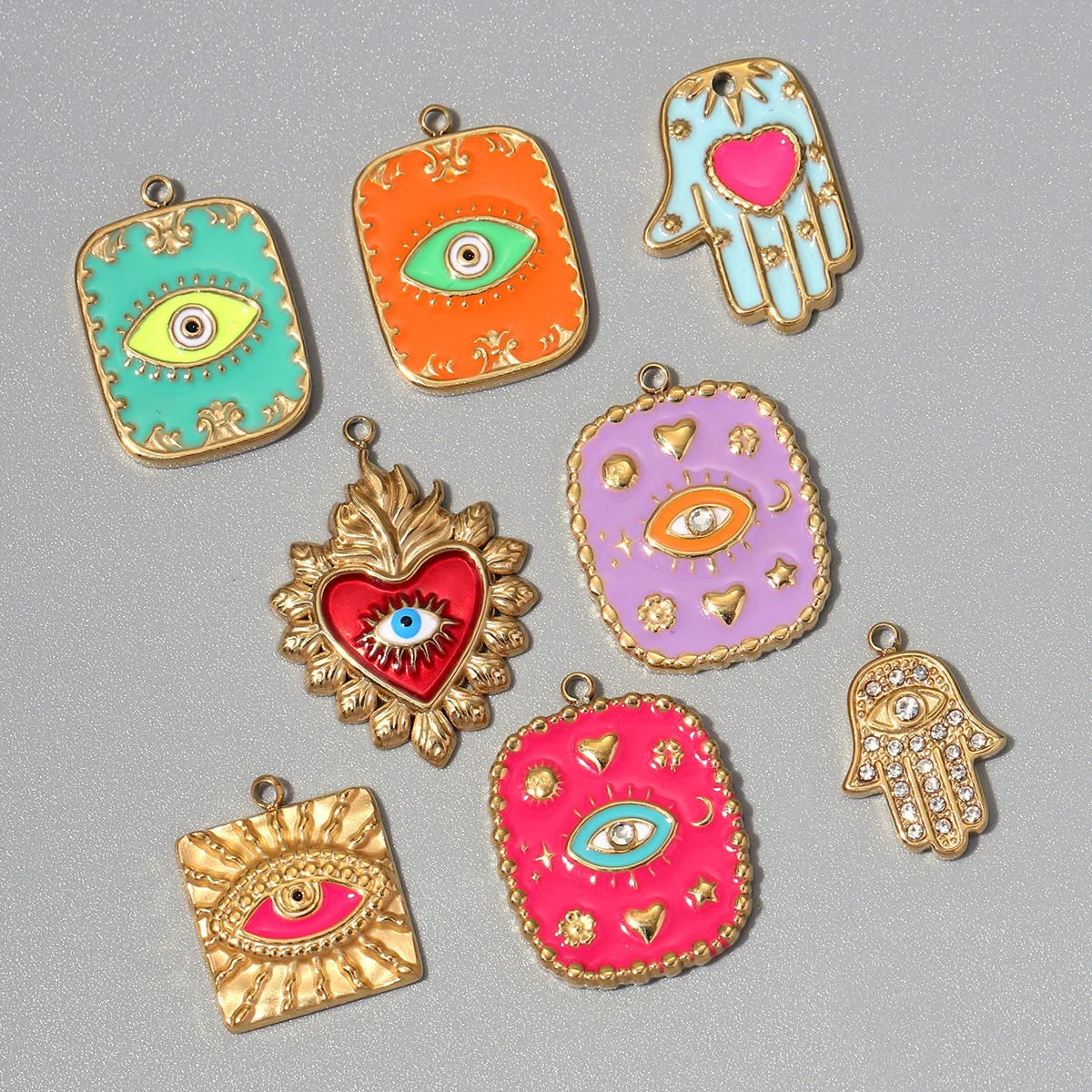 3pcs/lot Enamel Evil Eye Stainless Steel DIY Charms Women Hamsa Hand Jewelry Fashion Sun Heart Necklace Pendants Wholesale