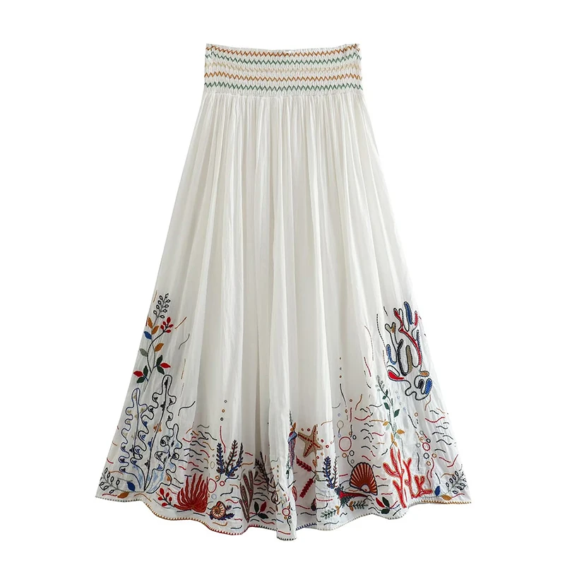 YENKYE 2023 Women White Long Embroidered Skirt Vintage Drawstring Elastic Mid Waist Female Pleat Boho Skirts