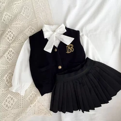 Children Clothing 2022 Spring Autumn Girls Set Vest Shirt Skirt V Neck Collar Single Breasted Solid New Fashion Children Set