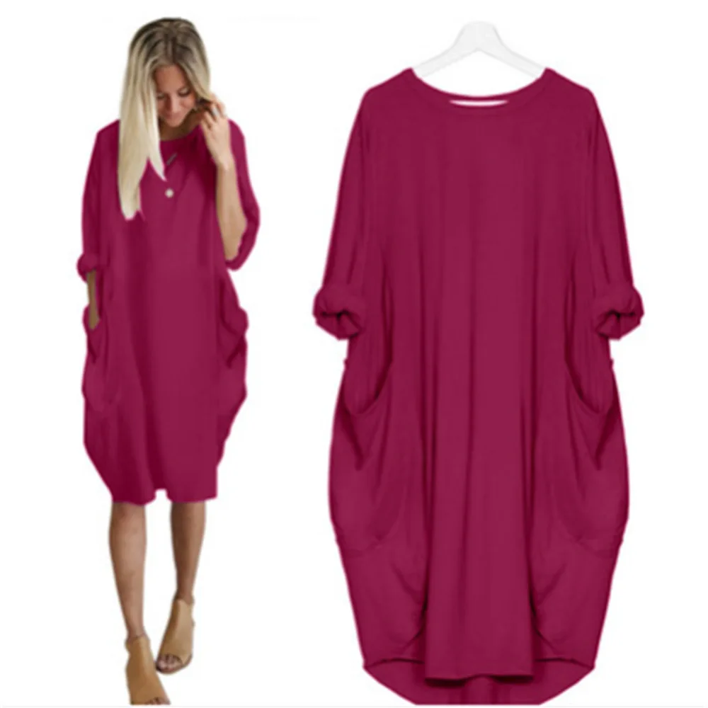 Sukienka damska Oversize O-neck Loose Red Version Casual Street Pocket Fashion Black Solid Color Beach Vacation Skirt — zdjęcie 7