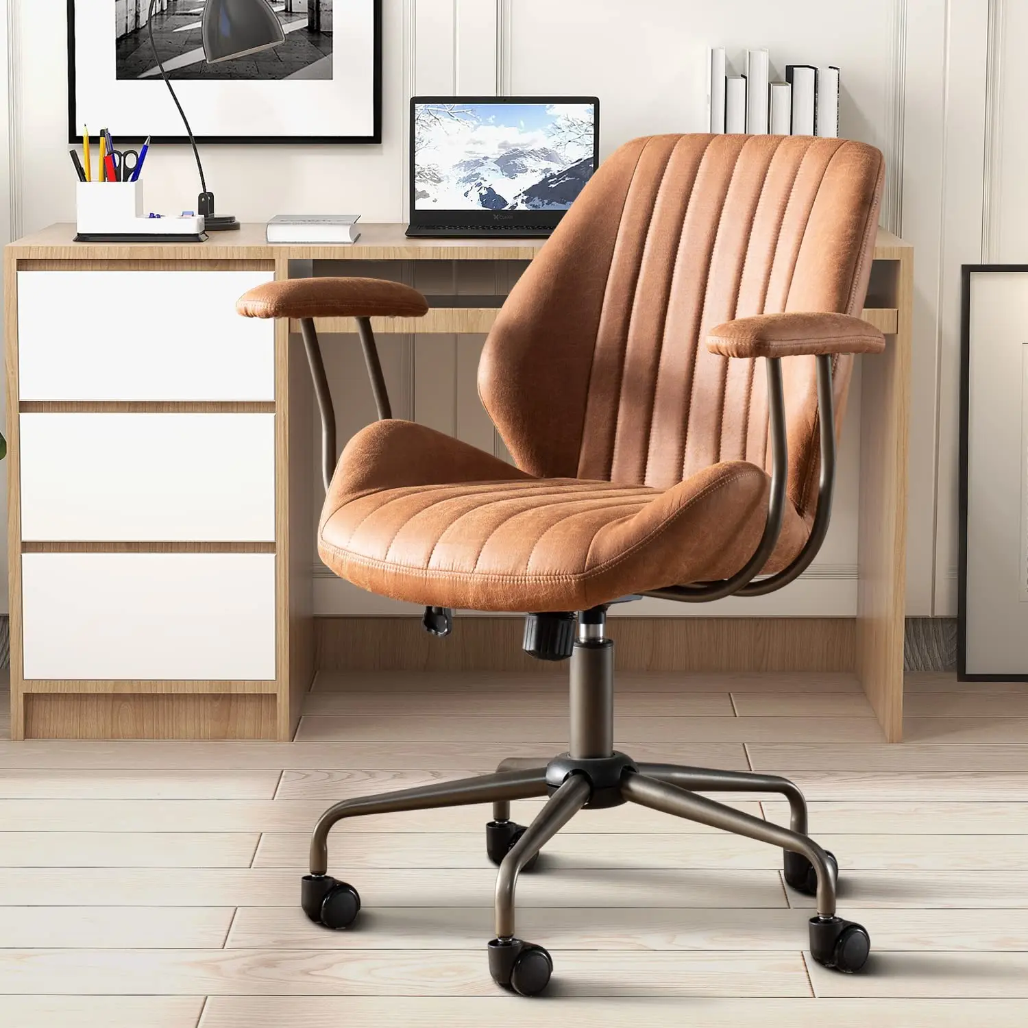 Ergonomic Mid Back Office Chair, Faux Suede Leather Swivel Rolling Task Armchair, Brown, Customized
