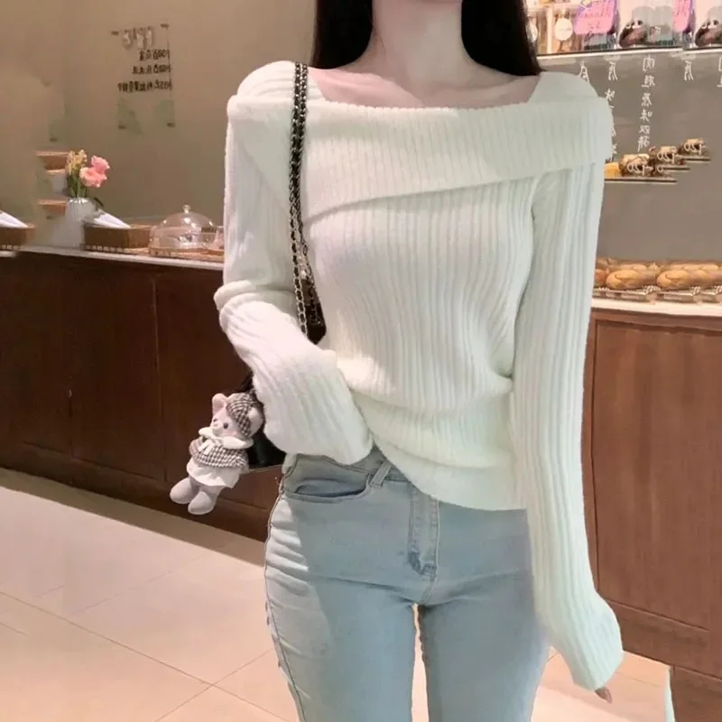 

Slash Neck Knitwear Shoulder Top Women's Thin Bottomed Shirt Slim Long Sleeve Hotsweet Korean Fashion Spring Fall Drop Shipping