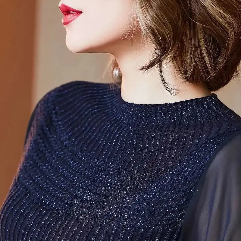 Fashion Elegant Commute Women\'s Half High Collar Knitted Pullovers Spring Female Clothing Solid Color Gauze Long Sleeve Sweaters