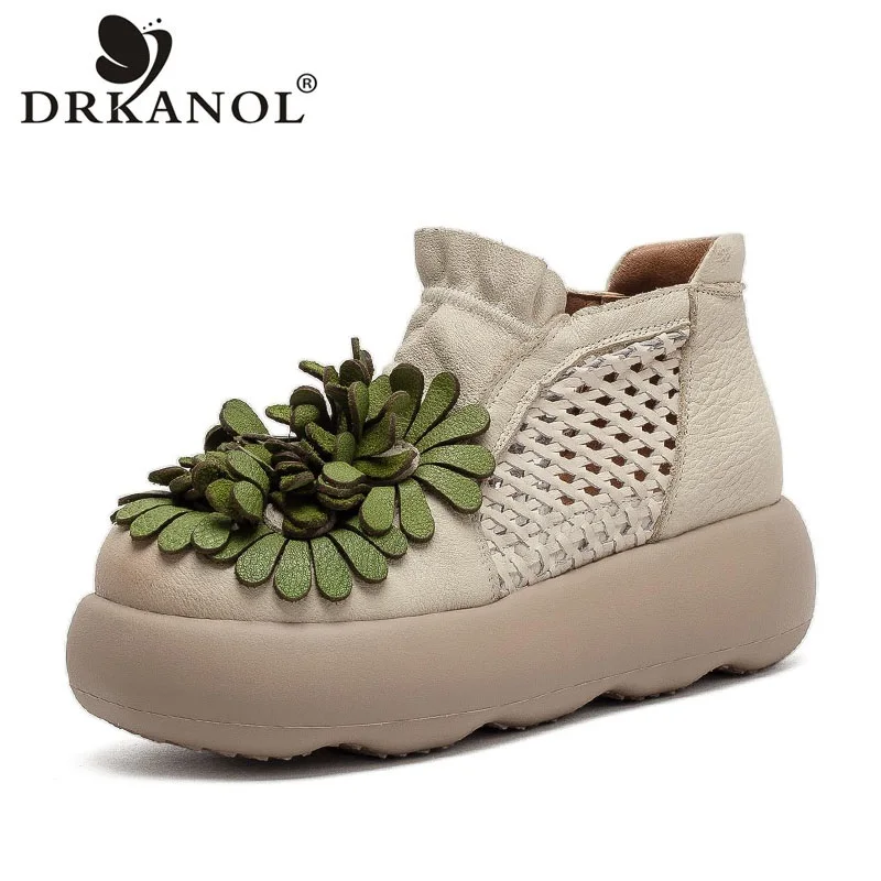 

DRKANOL 2026 Летние прохладные ботинки для женщин, ручной работы, из натуральной коровьей кожи, с перфорацией, дышащие, на танкетке, на платформе, ботильоны