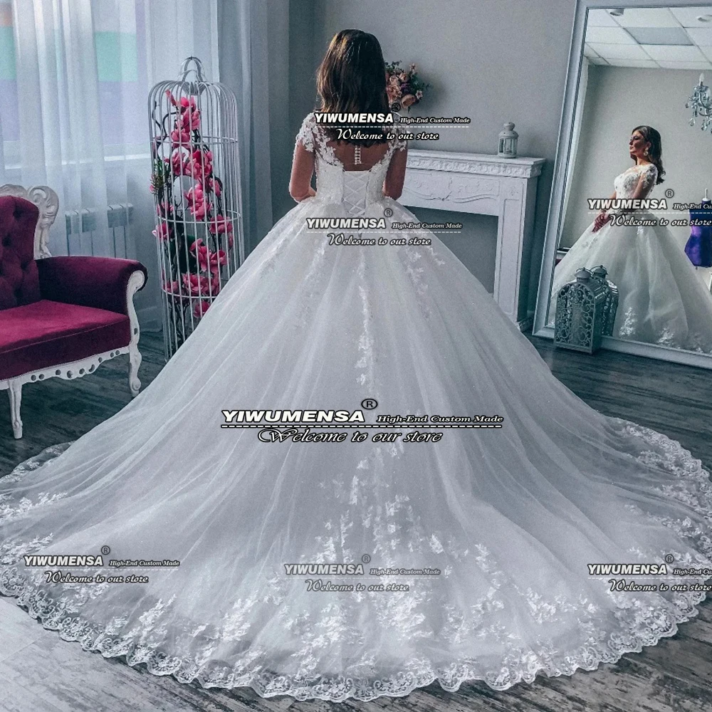 Weiße Spitzenapplikationen Perlen Brautkleider Illusion Langarm Ballkleider Braut Maßgeschneiderte O-Ausschnitt Vestidos De Novia