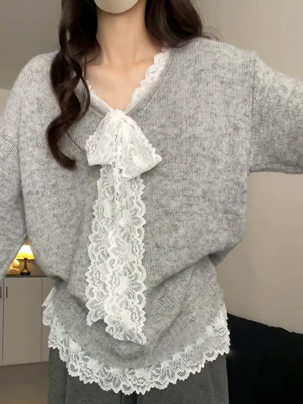 ay V-Ne محبوك سترة المرأة الخريف الشتاء فضفاضة تناسب مريحة Sle الراقية الشعور عادية فضفاض متماسكة