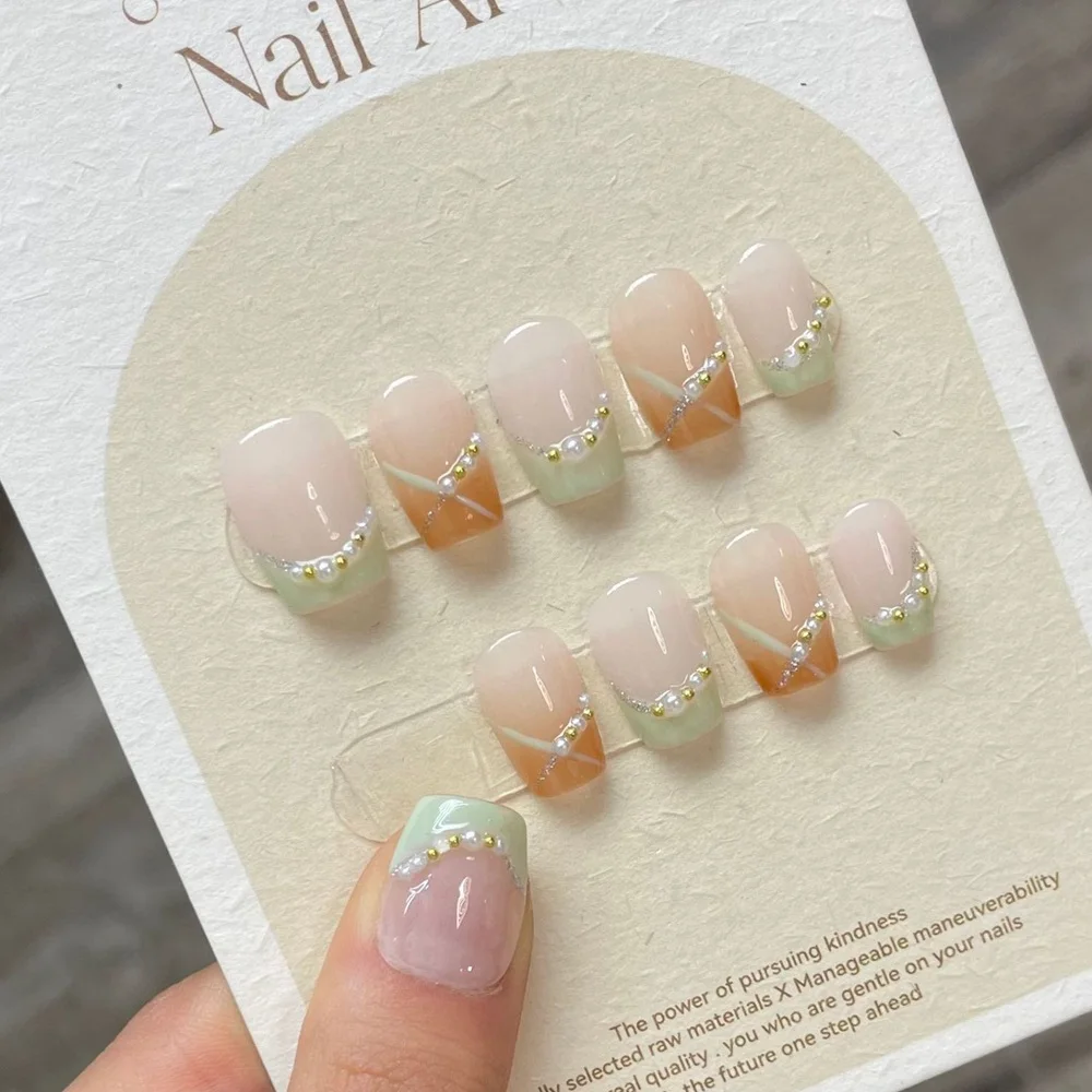 Handmade Kawaii Shortpress on Nails Japanese Flower Design Reussable Adhesive False Nails Artifical Stick-on Nail Tip for Girls