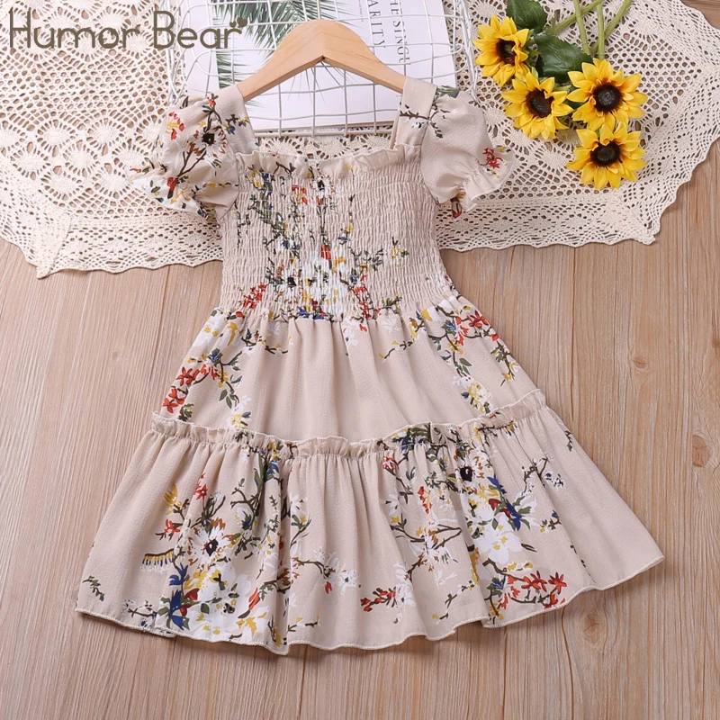 Humor Bear Girls Dress 2023 Summer New Puff-Sleeve Flower Printed Princess Dress Sweet Toddler Clothes For 2-6Y