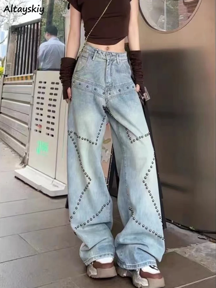 

Baggy Jeans Women Summer New Vintage Rivet Wide Legs Y2k American Style Spicy Girls High Street Personality Attractive Grunge