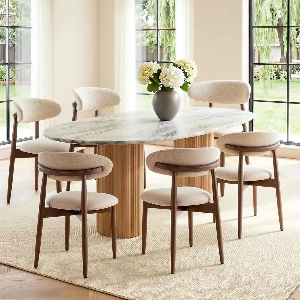 

6-Piece Wooden Dining Chair Set, Upholstered Padded Seats, Walnut Finish, Suitable for Kitchen or Dining Room, Beige