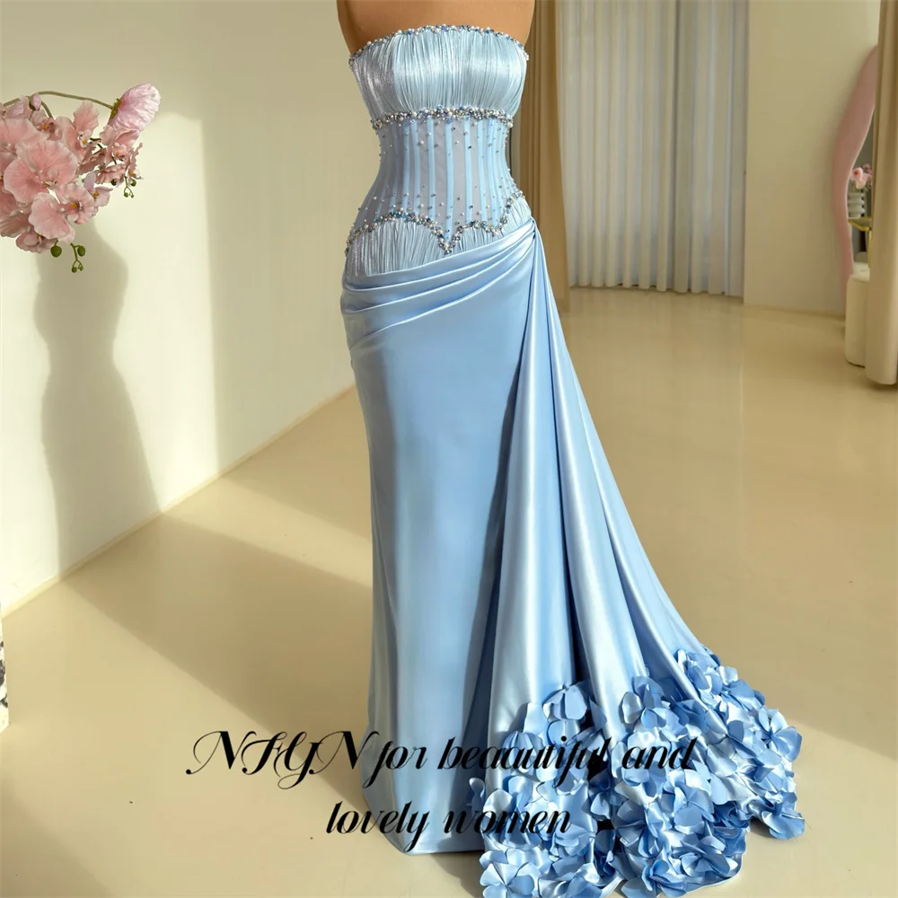 NFYN Blue Prom Dresses Strapless Sleeveless Celebrity Dresses Beading On Chest Evening Dresses with Flowers Mermaid Customized