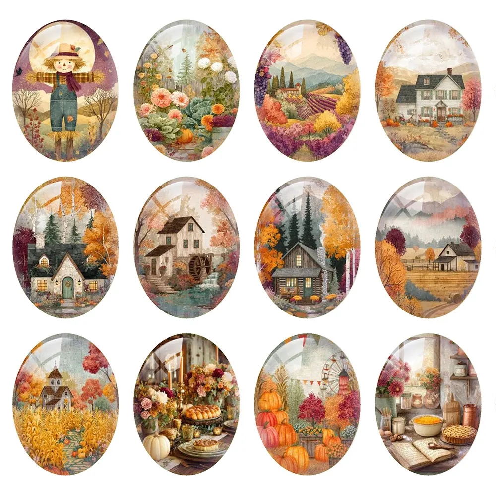 Random Mixed Round/Oval/Square Autumn Harvest Countryside Fall Photo Glass Cabochon Flatback Demo Cameo For Diy Jewelry Making