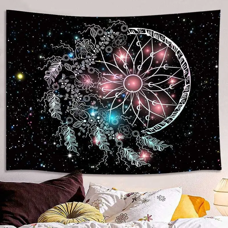 VIKAMA Dreamcatcher Moon Tapestry Wall Hanging Feather Flower Starry Galaxy Line Art Wall Decor for Bedroom Room Decoration