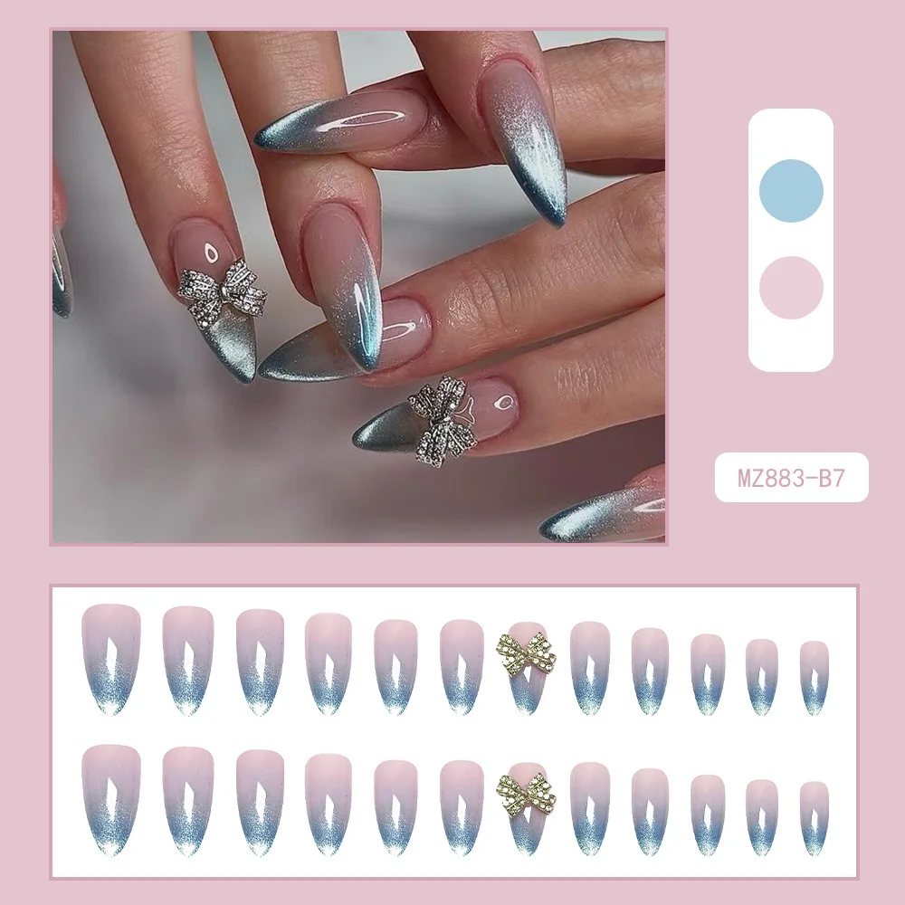 24pcs French Gradient Blue Y2k Press on Nails Cat Eye Fake Nail Tips Full Cover Wearable Korean Almond Shaped False Nails - view 3