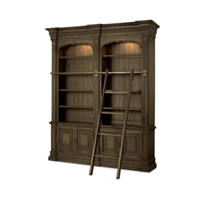 

American light luxury combination bookcase with ladder solid wood oak bookcase French retro carved floor storage bookshelf