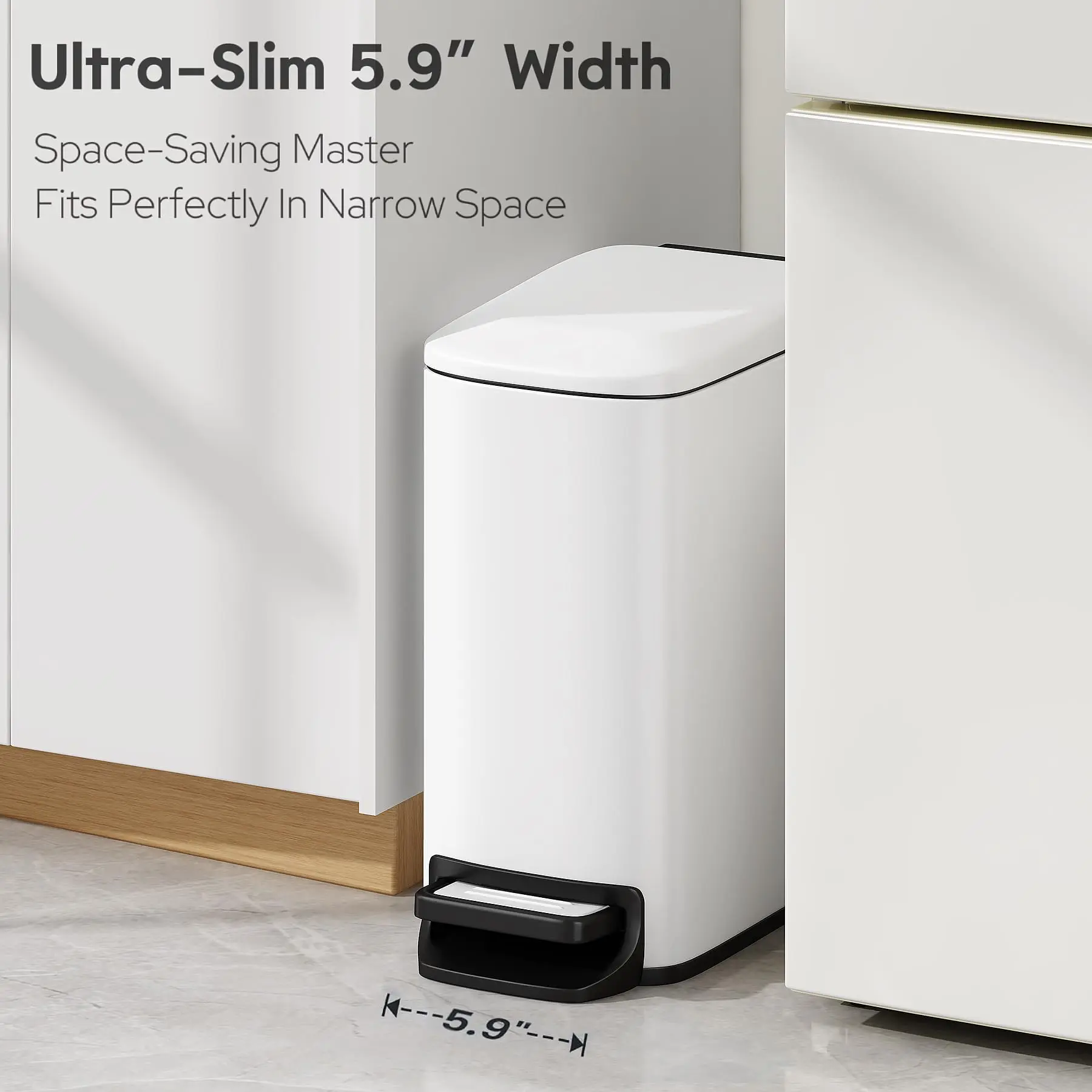 Slim White Step-On Bathroom Trash Can with Lid, 1.6 Gallon, Soft Close & 90° Stay Open Lid, Odor Control Waste Bin with Durable Steel Pedal for Bathroom, Bedroom & Office