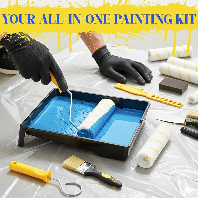 ABGH-Professional Paint Roller Set Ideal For Interior Walls, Ceilings Trim& DIY Projects Includes Extension Pole