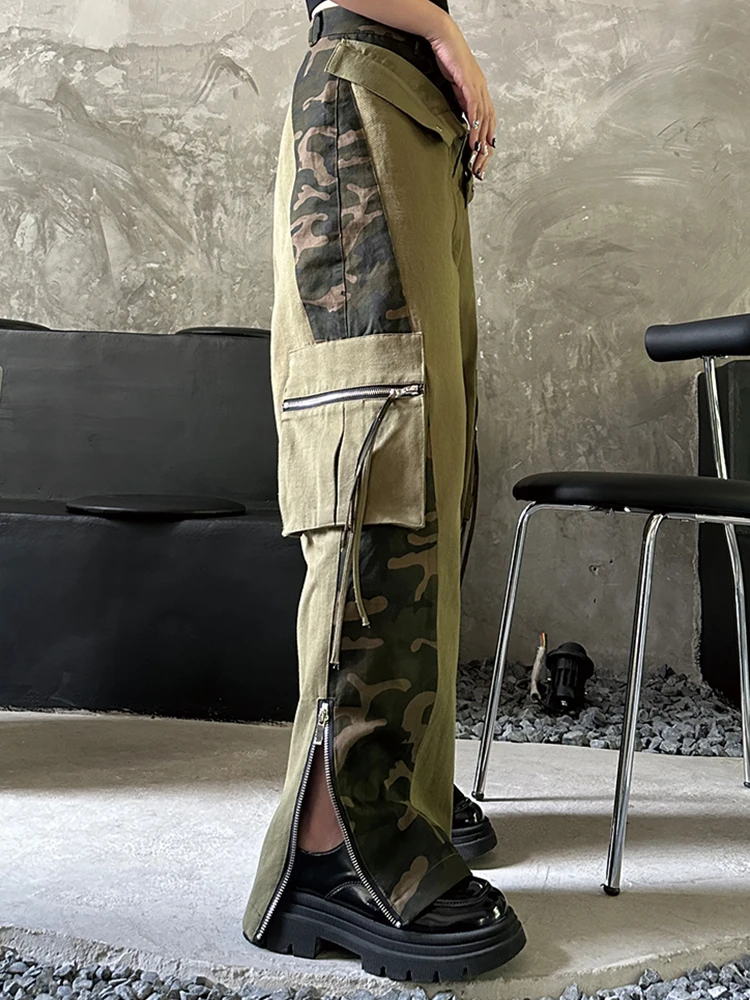 CHICEVER Camouflage Pants For Women High Waist Clorblock Straight Loose Patchwork Botton Streetweat Pant Female Spring Clothes