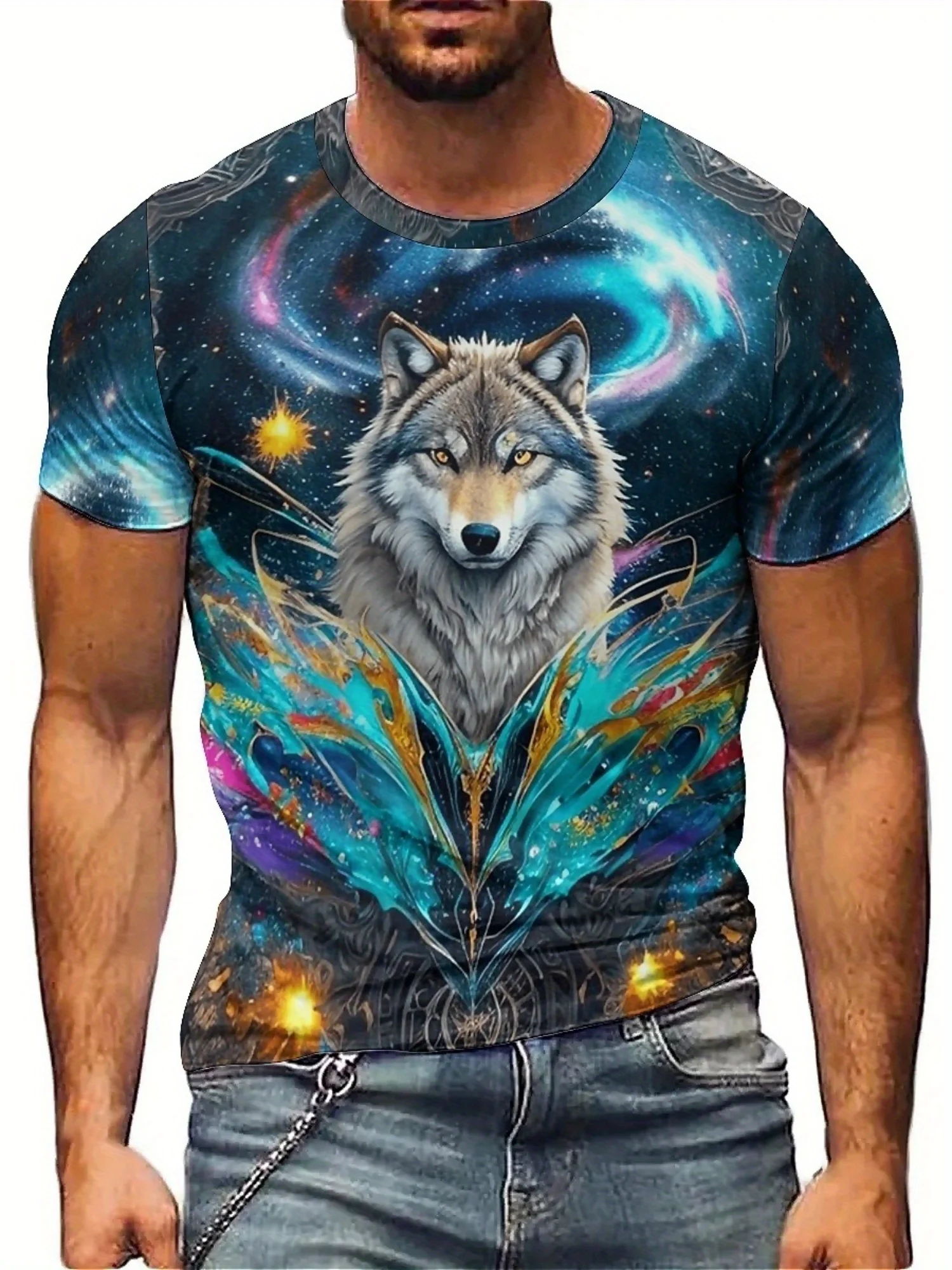 

Cool Wolf and Fantasy Starry Universe Geometric Pattern 3D Print Short Sleeve T-Shirt, Polyester, Soft and Breathable