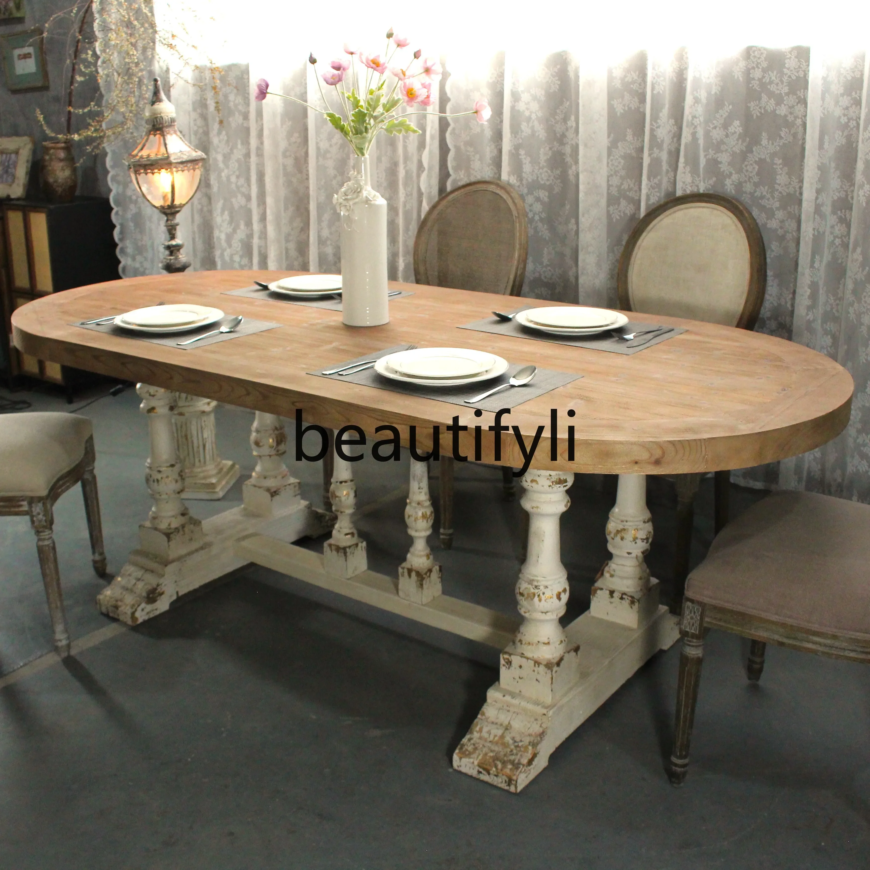 

A38 American country solid wood retro dining table French log old oval table, European Roman column table feet