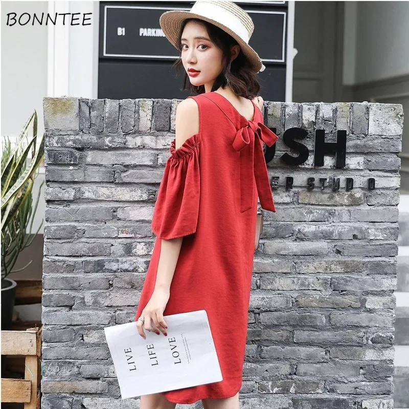 Dress Women Solid Off-shoulder Bow Loose Elegant Female Korean Style Chiffon Mini Sexy Young Ladies Casual New Arrival Soft Ins