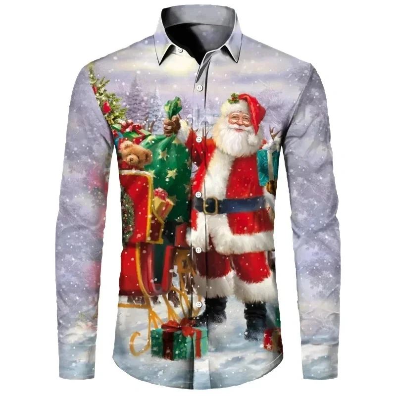 

Long sleeved high-end shirt top printed street party social fashion 2024 men's shirt plus size Santa Claus holiday costume snowm