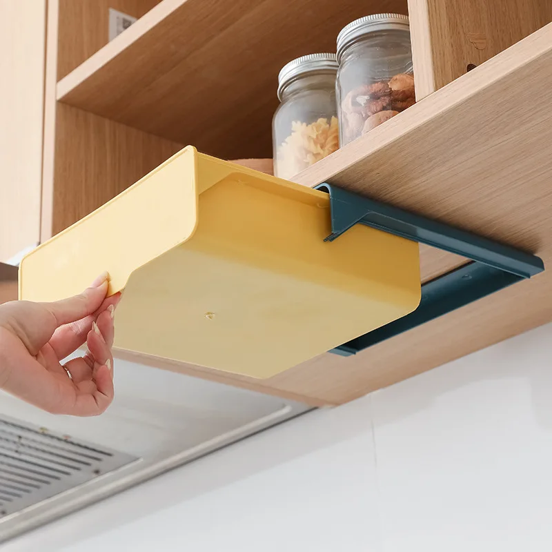 Self-Adhesive Hidden Plastic Storage Box Under the Table Hanging Shelf Drawer Organizers Kitchen Compartment Plate Container