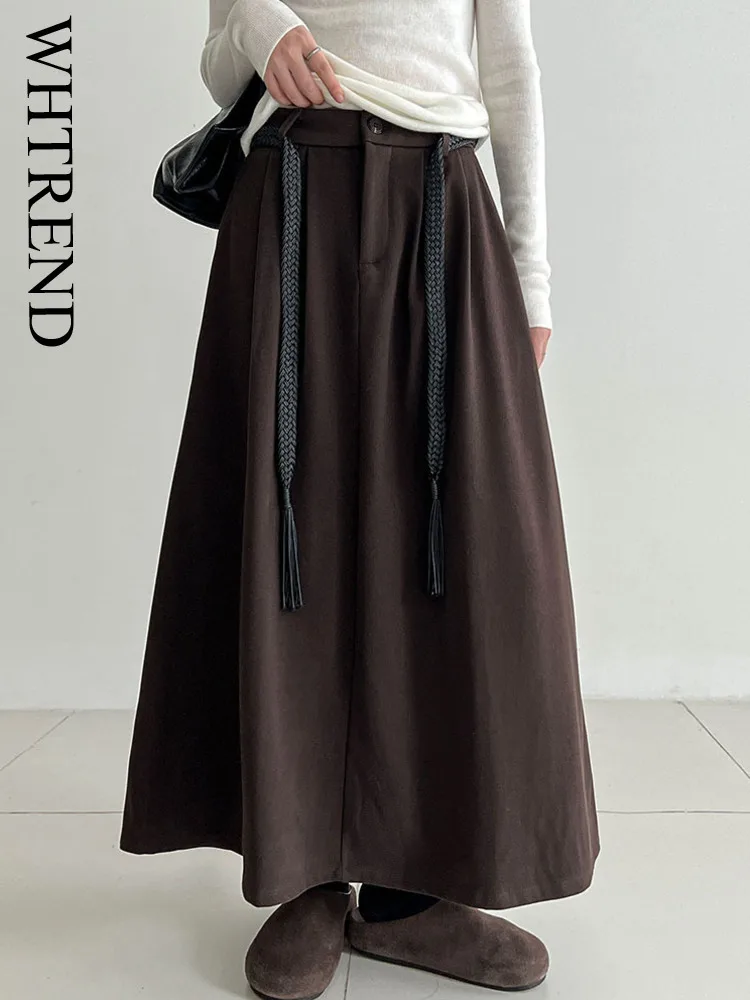 

WHTREND Korean Style Elegant Woven Tie Wrinkled Midi Skirt For Women Autumn Winter New Simple Long Skirts WH1889