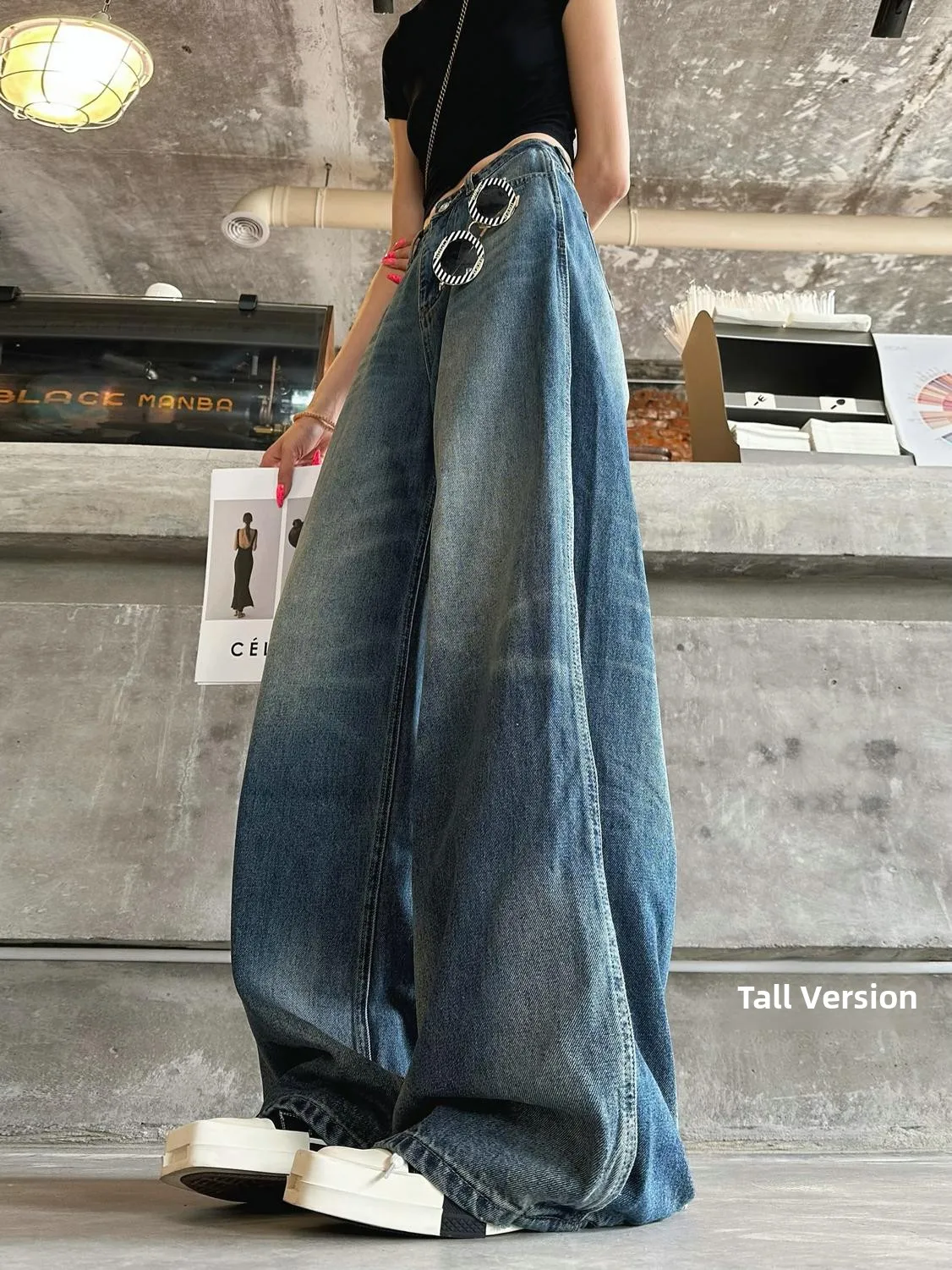 

Женские широкие джинсы с высокой талией в стиле ретро, осенние модные тяжелые повседневные брюки с двойной талией, длинные домашние брюки