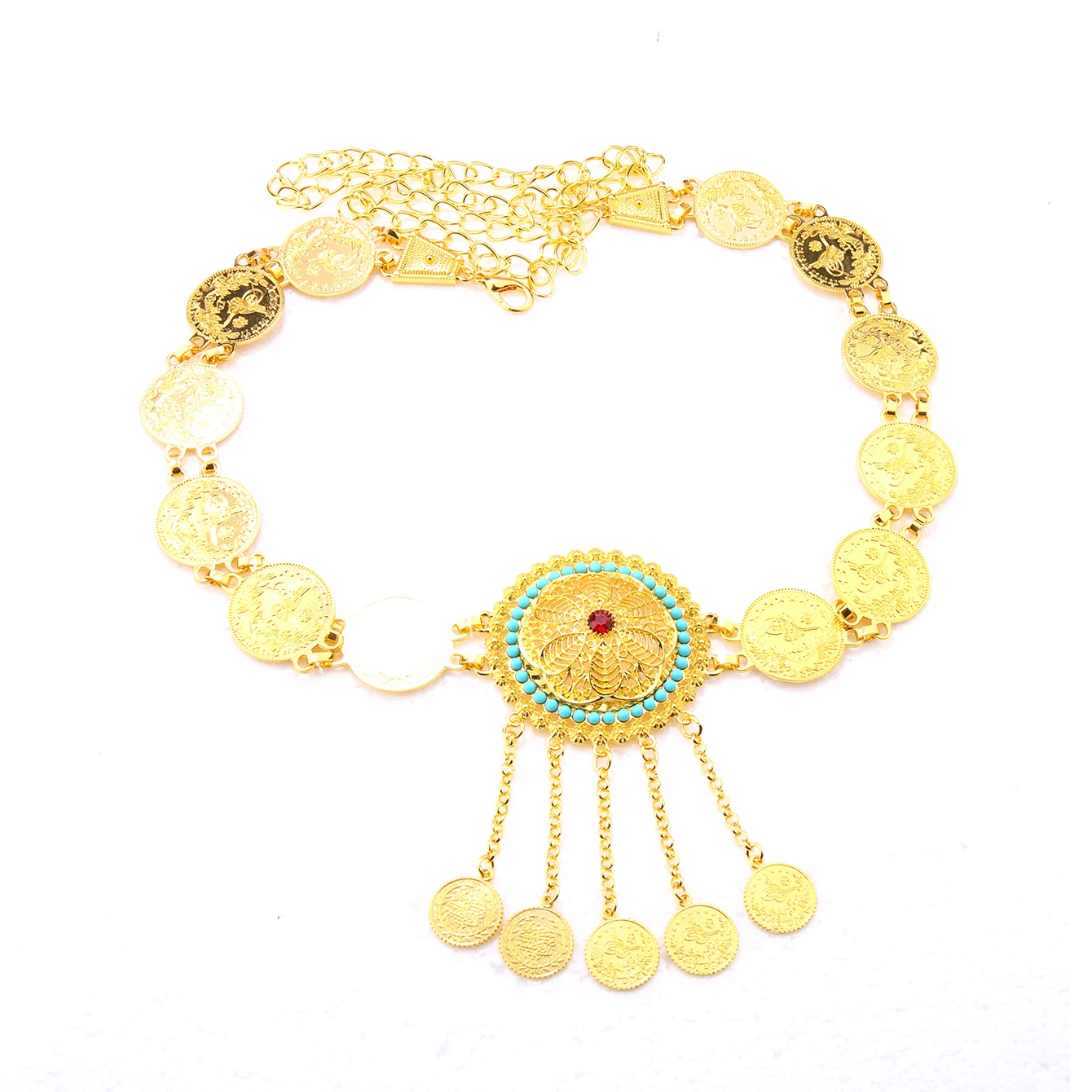 Colgante de cadena de cuerpo turco para mujer, moneda de oro, borla, diamantes de imitación, accesorios étnicos bohemios, joyería de cintura, moda