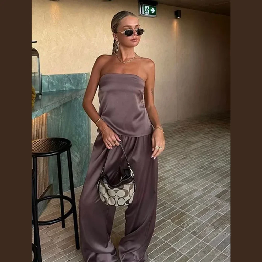 PB&ZA 2024 Spring New Women\'s Fashion and Elegance Versatile Satin Lace Up Top Wide Leg Pants Set