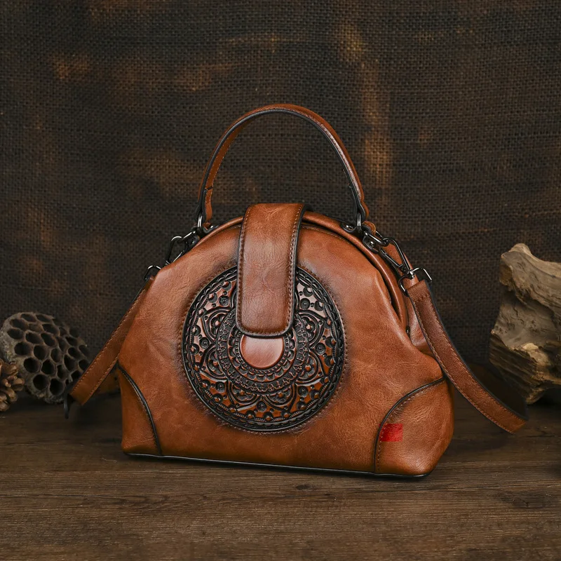 

Johnature Vintage Shoulder Crossbody Bags 2025 New Hand Totem Embossed Women's Bag Large Capacity Versatile Handbag