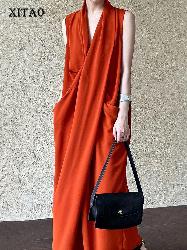 

XITAO Solid Color Temperament Sleeveless Female Dress Deep V-neck Folds Casual Loose Long Dress 2024 Summer New Women GJ1066