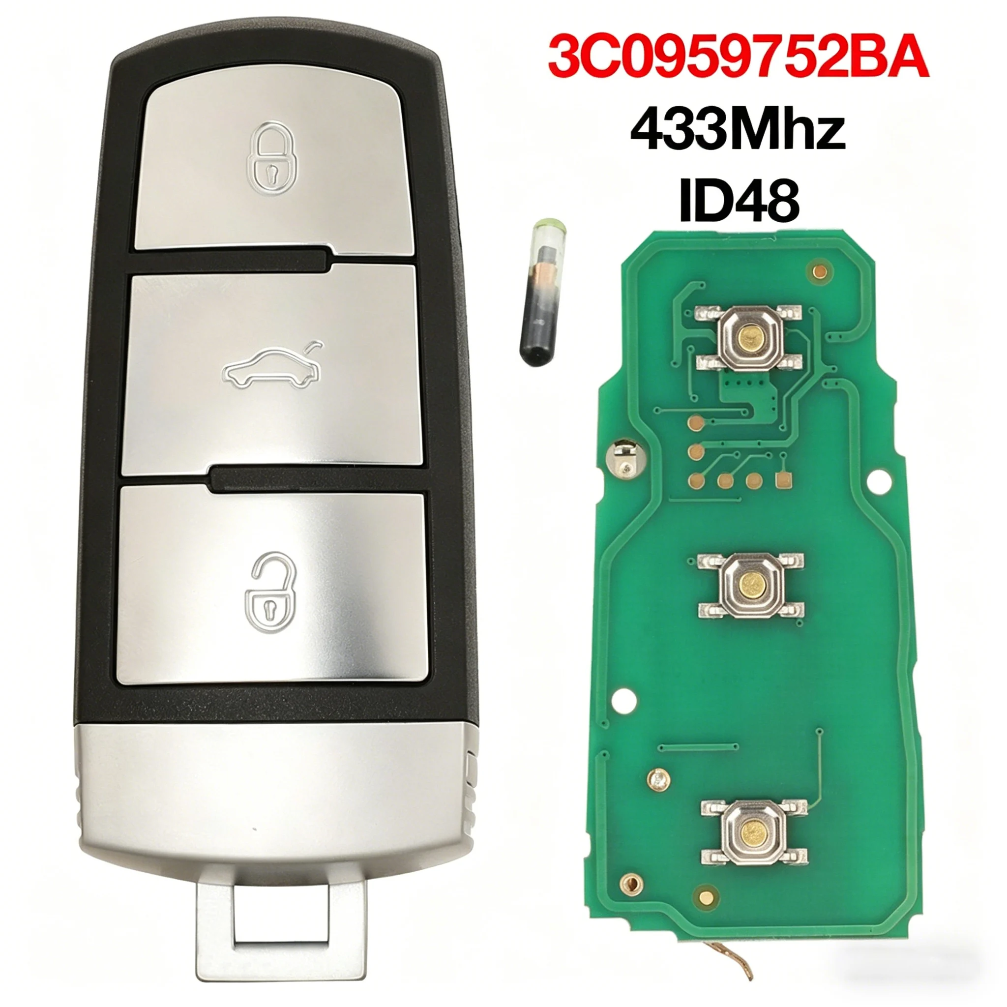 

3 Button Semi-Smart Slot Car Key 3C0959752BA 433MHz ID48 Chip HU66 For VW Passat B6 B7 CC Magotan Uncut Blade Complete Remote