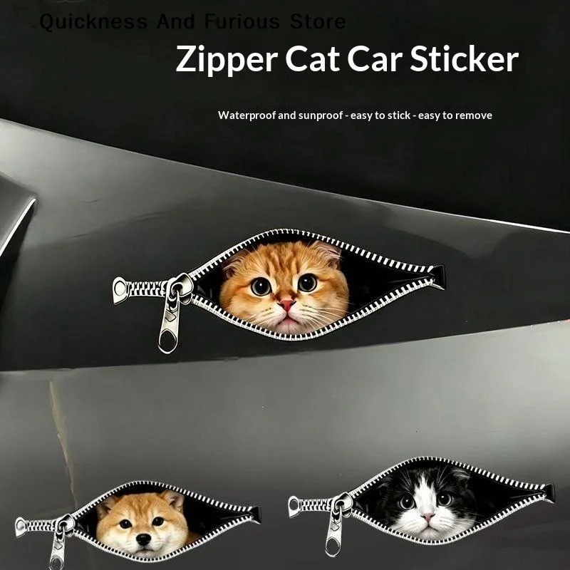 【MO】Cat Car Sticker Zipper Cat Puppet Teddy Border Collie Puppy Cute Creative Personality Pet Car Decorative Sticker 1PC