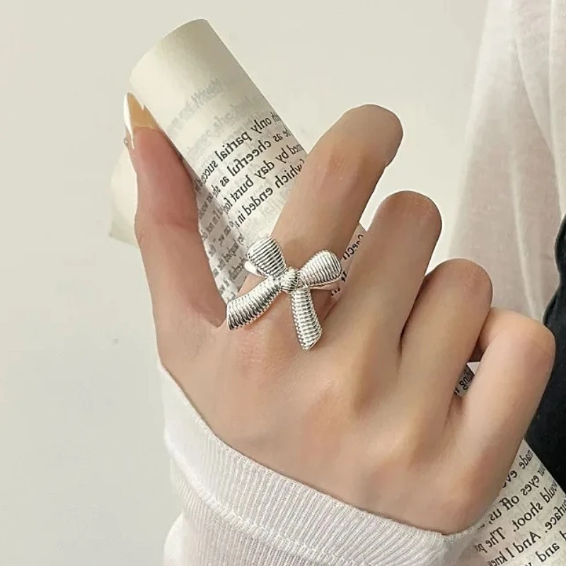 

925 Sterling Silver Charming Bow Striped Lines Wrinkles Adjustable Opening Ring for Women Fine Jewelry Minimalist Accessories