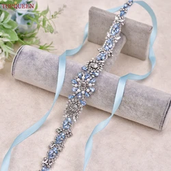TOPQUEEN Fashion Diamond Wedding Belt Light Blue Rhinestone Patch Bridal Accessories Important Occasion Dress Belt S351-QL