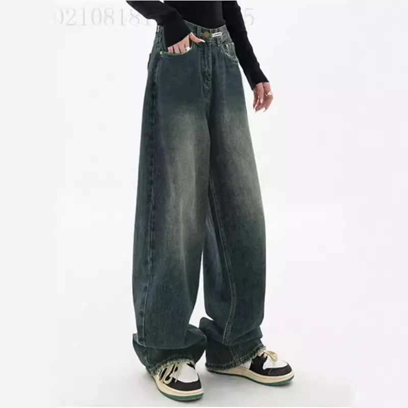 Jeans in voller Länge, Denim-Hose für Damen, weites Bein, hohe Taille, Reißverschluss, gewaschen, lose Taschen, Vintage, 2024, lässige Grundlagen