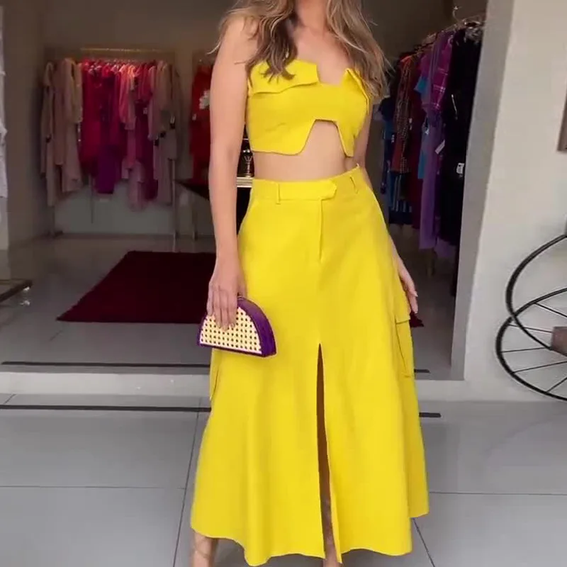 Two Piece Set Women Outfit Elegant 2024 Summer Fashion Sexy Caim Top & Temperament Commuting High Waist Wide Leg Long Skirt Sets