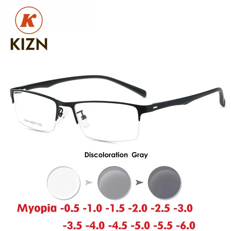 

KIZN Half Frame Men Business Myopia Prescription Glasses Alloy Photochromic Anti Blue Ray Shortsighted Eyewear -0.5 TO -10