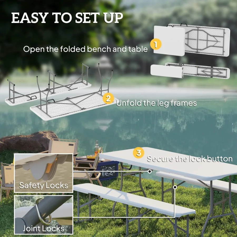 6FT 3 PCS Portable Camping Table and Chairs Folding Picnic Table Bench Set with Carrying Handles for BBQ Party White