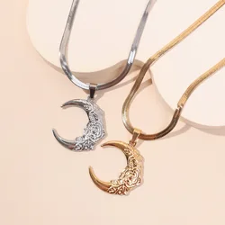 Boho Stainless Steel Flower Crescent Moon Pendant Necklace For Women Blade Chain Choker Collar Necklace Fashion Jewelry Gift