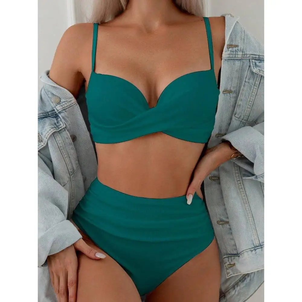 Cikini V-Neck Thin Shoulder Strap Bikini Set, Twist High Waisted Two Piece Swimwear Bathing Suit Beach Outfit Summer Vacation