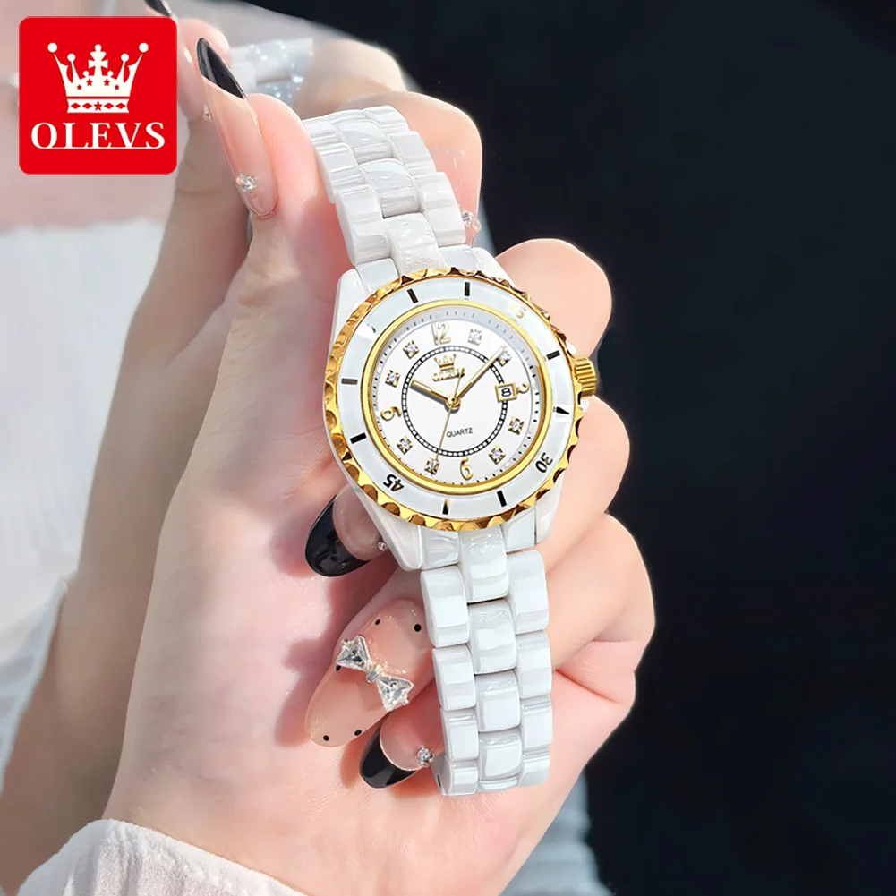 ساعات OLEVS كاجوال تريند للنساء بحزام سيراميك أبيض نقي من أفضل العلامات التجارية الأصلية ساعة يد كوارتز مقاومة للماء وتاريخ مضيء 5658 #2