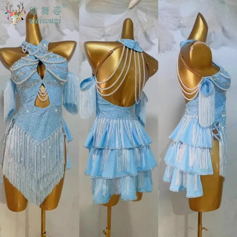 Latin Dance Competition Women's High-end Custom Hanging Neck Pearl Chain Chest Samba Professional Performance Rhinestone Dress