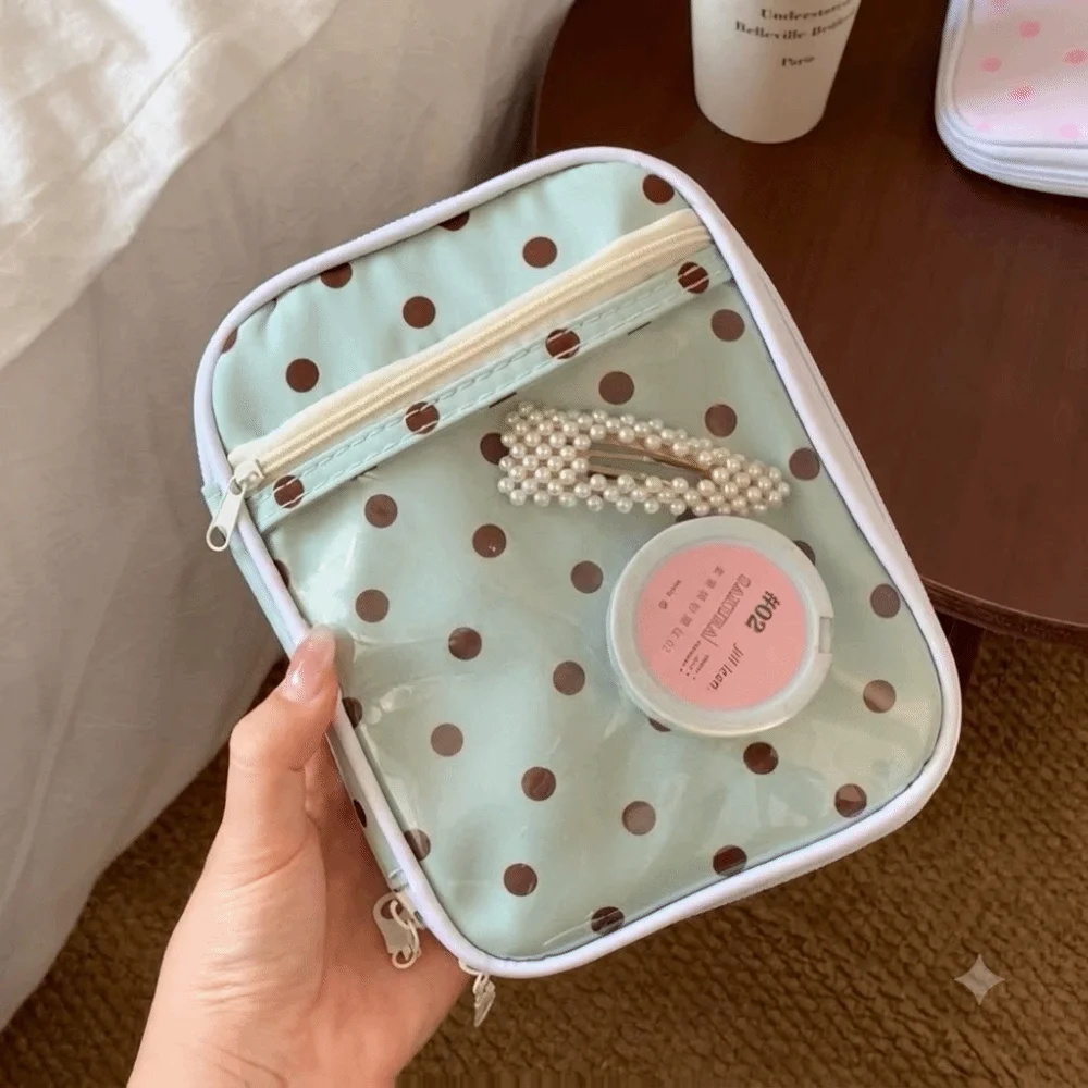 Multi‑Layer Polka Dot Pencil Case With Transparent Window Portable Large‑Capacity Lightweight Cosmetic Makeup Bag For Women