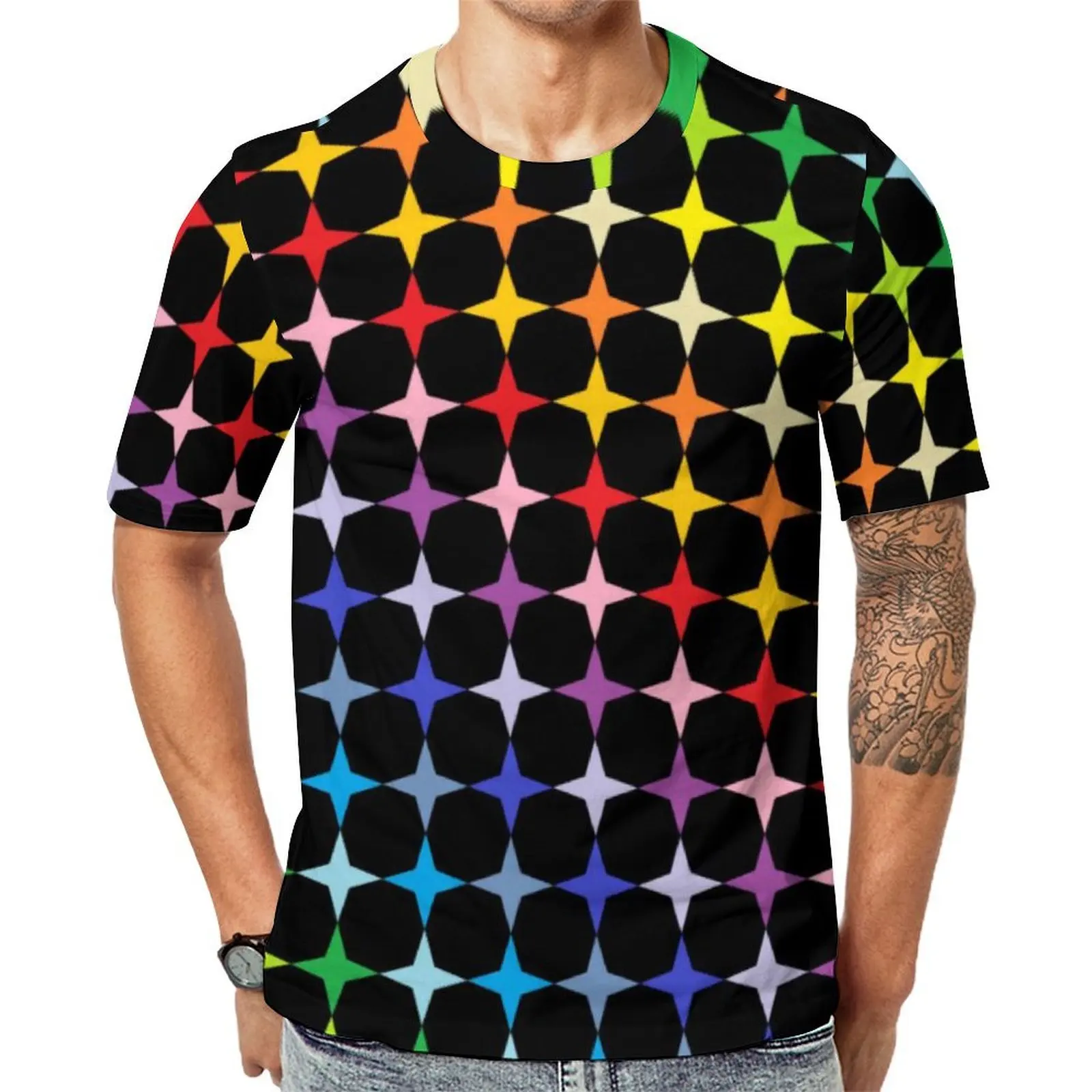 Oversized T Shirt Beach Funny Rainbow T Shirts Four Points Stars Streetwear O Neck Tee Shirt Man Novelty Pattern Top Tees
