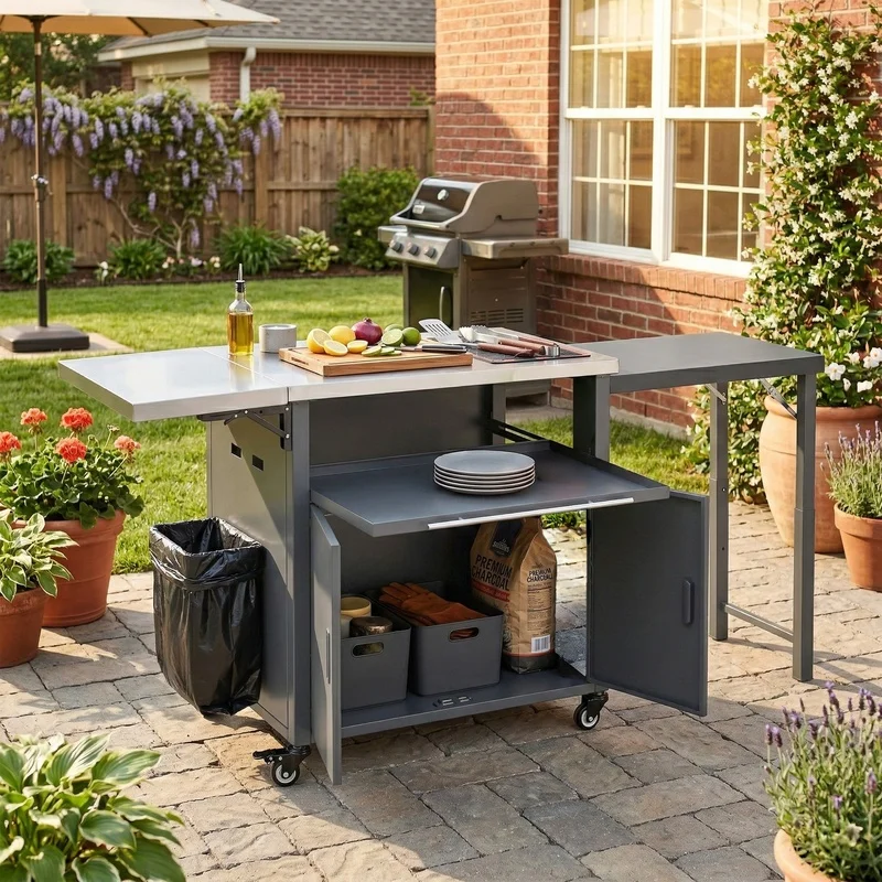 

Foldable Outdoor BBQ Cart with Storage, Trash Rack, and Foldable Top for Patio, Gray